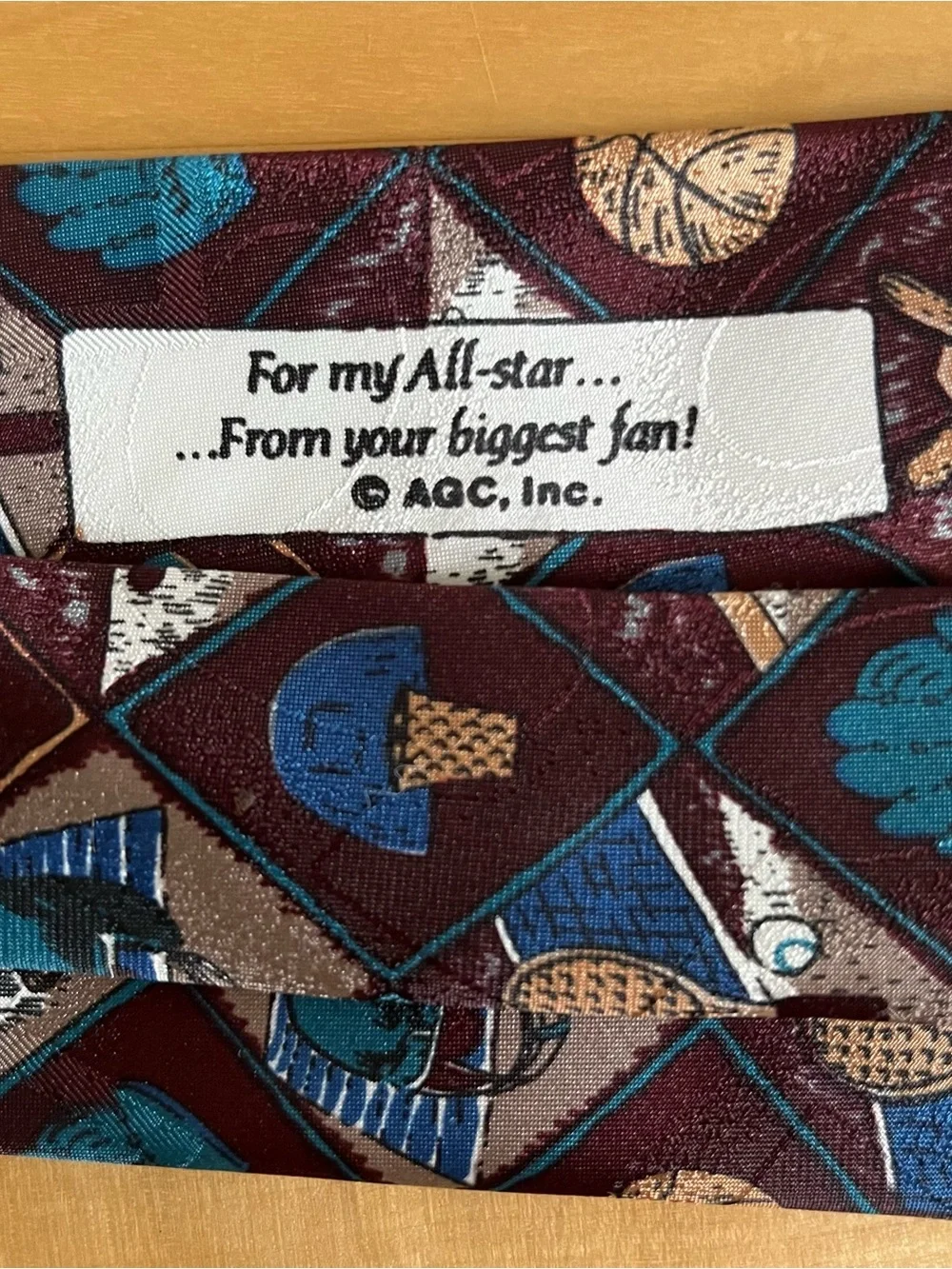 Vtg 90s Multi Sports Novelty Tie Burgundy Blue Dadcore Preppy Thinking Of You